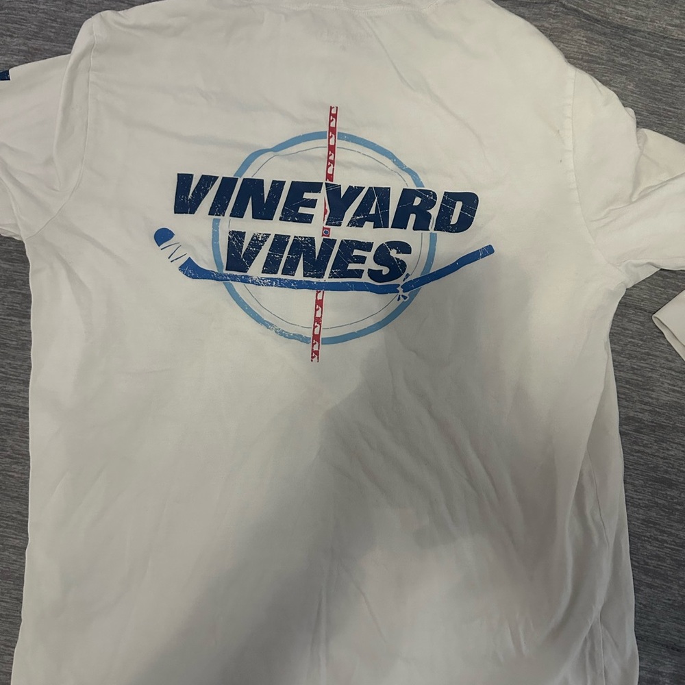 Vineyard Vines White Tee with Blue Hockey Graphic